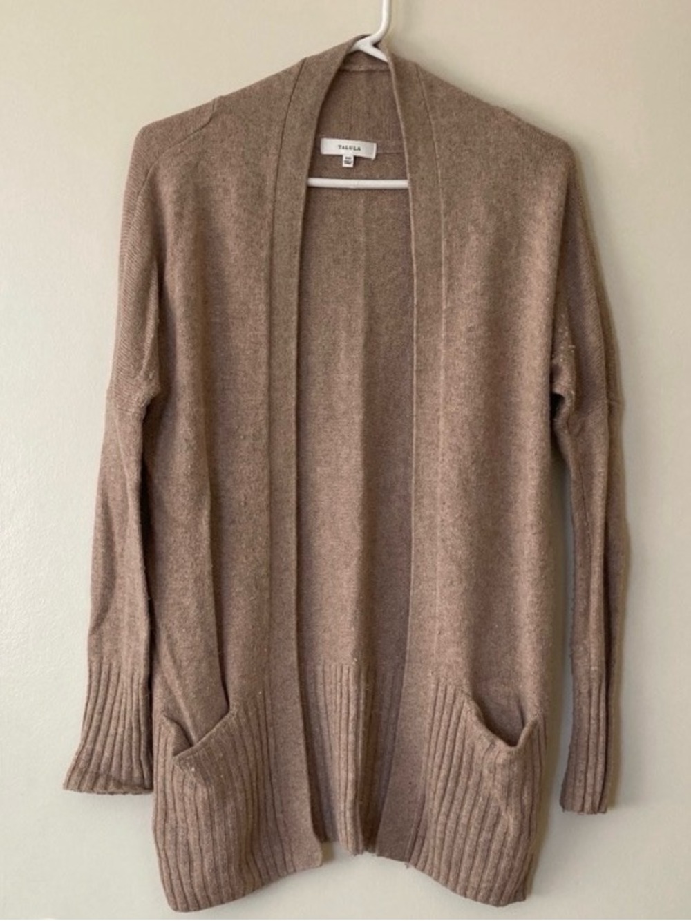 Talula Open-Front Long Cardigan in Taupe Brown